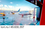Moscow, Russia, June 09, 2025: An Aeroflot plane at Sheremetyevo airport at the boarding ramp. Редакционное фото, фотограф Igor Skripachev / Фотобанк Лори