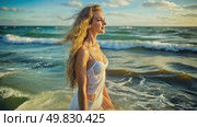 Woman in White Dress Walking Along Beach During Sunset With Waves Crashing Around Her. Стоковое AI-видео, аниматор Оксана Медведева / Фотобанк Лори