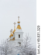 Вид на красивую православную церковь. Позолоченные кресты и купола. Снег на ветвях деревьев. Собор Сошествия Святого Духа на апостолов, город Магадан, Магаданская область, Дальний Восток России. (2023 год). Стоковое фото, фотограф Андрей Степанов / Фотобанк Лори