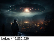 A person stands overlooking a city engulfed in flames beneath an imposing UFO emitting a bright light. Стоковое AI-изображение, AI-художник Данила Большаков / Фотобанк Лори
