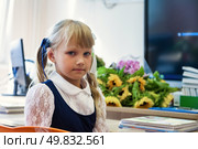 Curious First-Grader Sitting at a Desk, Ready to Explore Learning in a Bright Classroom. Стоковое фото, фотограф Aleksandr Golubev / Фотобанк Лори