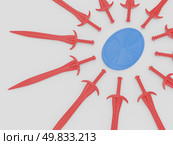 red swords around blue shield. 3d. Стоковое фото, агентство Ingram Publishing / Фотобанк Лори