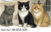 An emotional illustration of three sad cats sitting next to each other in what appears to be a shelter or veterinary clinic. Each cat has an expression of anxiety, sadness, and anticipation: gray, black and white, and orange fluffy. Their large eyes and drooping ears convey a strong emotional message. The illustration is done in a soft artistic style reminiscent of pastels or watercolors, with a muted color palette. The work is great for projects related to animal protection, shelters, social advertising, and themes of mercy and compassion. Стоковое AI-изображение, AI-художник Анна Кривицкая / Фотобанк Лори