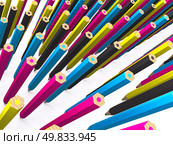 many rows of CMYK colored pencils. 3D. Стоковое фото, агентство Ingram Publishing / Фотобанк Лори