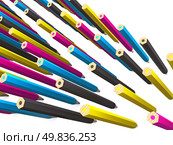 many rows of CMYK colored pencils. 3D. Стоковое фото, агентство Ingram Publishing / Фотобанк Лори