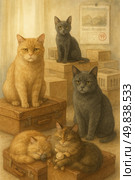 A touching watercolor illustration of six cats preparing to move. The cats are nestled among vintage suitcases, cardboard boxes, and carriers. Two of them are asleep, clutching toys, while the others look towards the viewer with expressions ranging from sadness to calm determination. On the wall is a calendar with the words “Saint Petersburg” and the date “19th,” hinting at the upcoming day of departure. The warm, soft color palette creates a cozy and slightly nostalgic atmosphere. Perfect for themes related to moving, caring for animals, volunteering, shelters, and emotional rescue stories. Стоковое AI-изображение, AI-художник Анна Кривицкая / Фотобанк Лори
