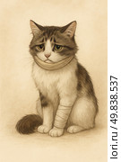A hand-drawn image of a sad cat with a bandaged neck and front paw. The animal sits on a light background, its look is full of pain and melancholy, which evokes a strong emotional response. The illustration is done in soft, warm colors, with an emphasis on compassion, care and fragility. Ideal for use in projects related to animal protection, charity, veterinary medicine and themes of saving homeless pets. Стоковое AI-изображение, AI-художник Анна Кривицкая / Фотобанк Лори