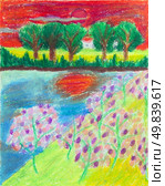 tropical forest and blossom flower at sunset free hand drawing from color crayon techniques from young artist illustrated children are learning kind. Стоковое фото, агентство Ingram Publishing / Фотобанк Лори