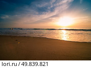 Sunset and beach with surfers silhouettes on the water. Стоковое фото, агентство Ingram Publishing / Фотобанк Лори