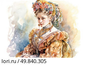 Watercolor portrait of a young woman in a traditional festive costume. Her outfit is richly decorated with lace, gold embroidery and many decorative details. On her head is a flower crown and a ribbon, emphasizing her solemn and elegant appearance. The facial expression is serious and concentrated. The background is made in soft pastel colors, emphasizing the emphasis on the figure. The work is done in the style of classical watercolor painting, ideal for themes related to folk culture, the history of costume, art and Slavic traditions. Стоковое AI-изображение, AI-художник Анна Кривицкая / Фотобанк Лори
