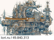 A fantastic architectural composition in the steampunk style. The illustration depicts a grand mechanical structure with many details: gears, pipes, domes, towers, screws, cables and mechanisms are organically intertwined into a single structure. The composition is made in a subtle graphic manner with a predominance of blue, bronze and steel shades. The building resembles a mixture of a factory, a castle and an airship, creating a sense of a world from an alternative reality. Ideal for themes related to science fiction, technology and concept art. Стоковое AI-изображение, AI-художник Анна Кривицкая / Фотобанк Лори
