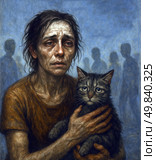An emotional artistic portrait of a woman with a tired, haggard expression, holding a cat in her arms. The woman is dressed in simple, worn clothes, her face is covered with wrinkles and traces of fatigue. The cat also looks worried, his large eyes are full of sadness. The background is done in muted cold colors, the figures of people behind are blurred and distant, creating a feeling of loneliness and alienation. This image deeply conveys themes of compassion, social isolation, the difficulties of life and the bond between man and animal. Стоковое AI-изображение, AI-художник Анна Кривицкая / Фотобанк Лори