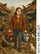 An artistic illustration depicts a volunteer walking through a devastated area with animal carriers containing rescued cats. The man in the red jacket and with a serious expression on his face shows determination and fatigue. There are many black and white cats sitting among the rubble of destroyed buildings. The atmosphere of tragedy is combined with hope and care. The image conveys the theme of rescue, compassion and humanity in the context of a disaster. Стоковое AI-изображение, AI-художник Анна Кривицкая / Фотобанк Лори