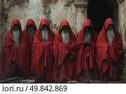 A mystical and atmospheric scene featuring six figures in red monk robes with hoods that hide their faces. They are all standing in a row against an ancient, dilapidated wall with an arch leading into the darkness. Their long grey beards, hidden eyes and motionless pose create the feeling of an ancient ritual, a secret brotherhood or an occult ceremony. The image is done in a dark, cinematic color scheme, with an emphasis on the contrast between the red clothes and the gray-brown architecture. Suitable for use in fantasy, horror, historical mysticism and gothic art themes. Стоковое AI-изображение, AI-художник Анна Кривицкая / Фотобанк Лори