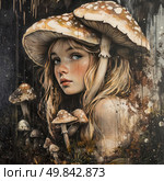 An artistic depiction of a young girl with long blond hair, harmoniously integrated into a forest landscape. Her head and shoulders are covered with large mushrooms, like hats, creating an unusual symbiosis with nature. Mushrooms grow around her, creating a fabulous, slightly surreal atmosphere. The painting is made in a technique that imitates oil painting with elements of drips, textures and dark forest shades. The image conveys the mood of forest magic, solitude and the fusion of man with nature. Стоковое AI-изображение, AI-художник Анна Кривицкая / Фотобанк Лори