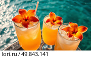 Tropical cocktails with orange flowers on the background of the sea. Стоковое AI-изображение, AI-художник Васильева Юлия / Фотобанк Лори
