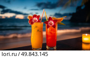 Tropical cocktails on the beach at sunset. Selective focus. Стоковое AI-изображение, AI-художник Васильева Юлия / Фотобанк Лори