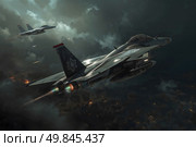 The Iran-Israel War. Israeli military aircraft fly over the burning cities of Iran. Стоковое AI-изображение, AI-художник Александр Поташев / Фотобанк Лори