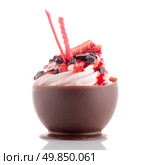 Tasteful strawberry and chocolate pastry mousse isolated on white background. Стоковое фото, агентство Ingram Publishing / Фотобанк Лори