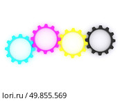 CMYK, Cyan, Magenta, Yellow, Key, in the form of gears. the concept of print settings. 3d. Стоковое фото, агентство Ingram Publishing / Фотобанк Лори