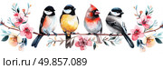 Multiple birds perched on a branch, displaying social behavior in their natural habitat. Стоковое AI-изображение, AI-художник Данила Большаков / Фотобанк Лори