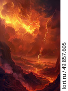 A painting depicting a mountain being struck by lightning, creating a powerful and dramatic scene. Стоковое AI-изображение, AI-художник Данила Большаков / Фотобанк Лори
