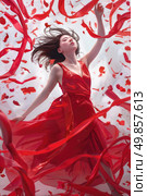A woman wearing a vibrant red dress stands surrounded by red streamers. Стоковое AI-изображение, AI-художник Данила Большаков / Фотобанк Лори