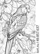 A bird is sitting on a tree branch with colorful flowers in the background. Стоковое AI-изображение, AI-художник Данила Большаков / Фотобанк Лори
