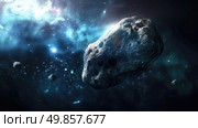 A detailed illustration of a comet streaking through the vast darkness of space, with a long tail of dust and gas following behind. Стоковое AI-изображение, AI-художник Данила Большаков / Фотобанк Лори