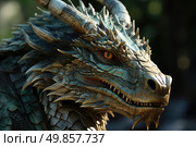 A detailed view of a dragons head featuring prominent horns, showcasing intricate scales and menacing facial features. Стоковое AI-изображение, AI-художник Данила Большаков / Фотобанк Лори