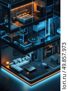 Overhead perspective showing a modern living room and bedroom with furniture and decor visible. Стоковое AI-изображение, AI-художник Данила Большаков / Фотобанк Лори