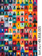 A painting featuring a multitude of individuals painted in various colors, showcasing diversity and individuality. Стоковое AI-изображение, AI-художник Данила Большаков / Фотобанк Лори