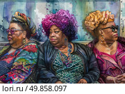 A painting featuring three women seated in a row, closely positioned next to each other. Стоковое AI-изображение, AI-художник Данила Большаков / Фотобанк Лори