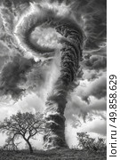 A powerful tornado swirls menacingly against the dark sky, showcasing its raw energy and destructive force. Стоковое AI-изображение, AI-художник Данила Большаков / Фотобанк Лори