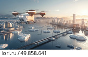 A helicopter hovers above a vast body of water, creating ripples below as it moves forward. Стоковое AI-изображение, AI-художник Данила Большаков / Фотобанк Лори