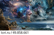 A surreal blend of the cosmos and Earth, with a human silhouette merging with starry nebulae above a rocky shoreline under twilight skies. Стоковое AI-изображение, AI-художник Данила Большаков / Фотобанк Лори