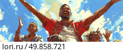 A painting depicting a man standing with his arms lifted upwards in celebration or joy. Стоковое AI-изображение, AI-художник Данила Большаков / Фотобанк Лори