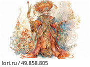 A fantasy-style watercolor illustration depicting a woman in a rich, multi-layered and detailed outfit decorated with intricate embroidery, beads, flowers and ornaments. She holds a scepter and a leaf, like a sorceress or guardian of nature. Her headdress and clothes are made in warm tones - shades of ochre, coral, terracotta and gold, with smooth watercolor transitions. Around her are flowers, curly lines and stylized plant patterns, creating a sense of fairy tale, coziness and magic. The image combines ethnic and fantastical motifs.Ideal for decorating books, postcards, decorative collections, board games and illustrations in the fantasy and folklore genres. Стоковое AI-изображение, AI-художник Анна Кривицкая / Фотобанк Лори