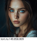 Portrait of a young woman with captivating bright blue eyes. Her gaze is directed straight into the camera, creating the effect of a deep emotional connection. Her skin is fair and smooth, with a slight blush and natural freckles. Her hair is slightly tousled, creating a feeling of naturalness and intimacy. The background is dark and blurred, which emphasizes the light on the face and emphasizes the expressiveness of the eyes. The image is filled with tenderness, calmness and aesthetic perfection. Ideal for themes of natural beauty, cosmetics, fashion, femininity, emotional portrait. Стоковое AI-изображение, AI-художник Анна Кривицкая / Фотобанк Лори
