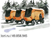 Three orange electric cars parked next to each other in a row. Стоковое AI-изображение, AI-художник Данила Большаков / Фотобанк Лори