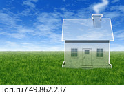 Dream home vision with an imagined sea through translucent house on a blue sky and grass as a real estate plan and hope for a future family residence. Стоковое фото, агентство Ingram Publishing / Фотобанк Лори