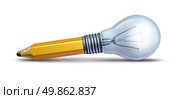 Design and innovation as a creative ideas icon with a pencil and a lightbulb  resting on the floor with a shadow combined together together as a symbol of creativity and inspiration for the arts or as a symbol for a new  business idea. Стоковое фото, агентство Ingram Publishing / Фотобанк Лори