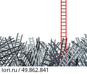 New thinking as an innovative good idea  and solution to a business problem as a red ladder standing out from a group of confused as grey ladders in disoriented directions as a financial icon of opportunity from obstacles and challenges. Стоковое фото, агентство Ingram Publishing / Фотобанк Лори