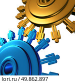 Business team cooperation with two wheels made of gears or cogs with human worker symbols connected in a productive network creating as a group new success in finances and politics on a white background. Стоковое фото, агентство Ingram Publishing / Фотобанк Лори