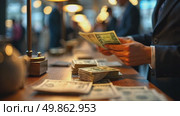 Close-up of a Businessman's Hands Counting Stacks of American Dollars at an Office Desk Under Lamplight. Стоковое AI-видео, аниматор Sergey Grishin / Фотобанк Лори