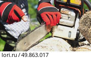 A man sharpens a chain at a chainsaw in the garden. Стоковое видео, видеограф Igor Skripachev / Фотобанк Лори