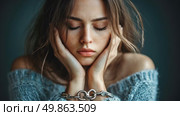 Poignant portrait of a woman in a blue sweater with chained hands for freedom awareness card. Стоковое AI-видео, аниматор Данила Большаков / Фотобанк Лори