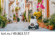 Autonomous robot guides or delivers through a quaint, floral Mediterranean town. Стоковое AI-видео, аниматор Данила Большаков / Фотобанк Лори
