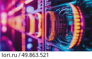 Cyberpunk tech core: Glowing neon circuits & cooling system inside a futuristic supercomputer. High-performance computing with vibrant RGB lighting. Стоковое AI-видео, аниматор Данила Большаков / Фотобанк Лори