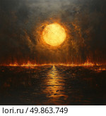 An emotionally charged oil painting depicting a huge blazing sun setting below the horizon. Around it, a raging flame rises from a dark forest or steppe. Thick clouds of smoke envelop the sky, reflecting in the gloomy, almost frozen water. In the center of the composition is a shining sunny path leading into the fiery distance. The atmosphere of the apocalypse, a premonition of a catastrophe or a mythical legend. Ideal for fantasy, drama, ecology and conceptual art. Стоковое AI-изображение, AI-художник Анна Кривицкая / Фотобанк Лори